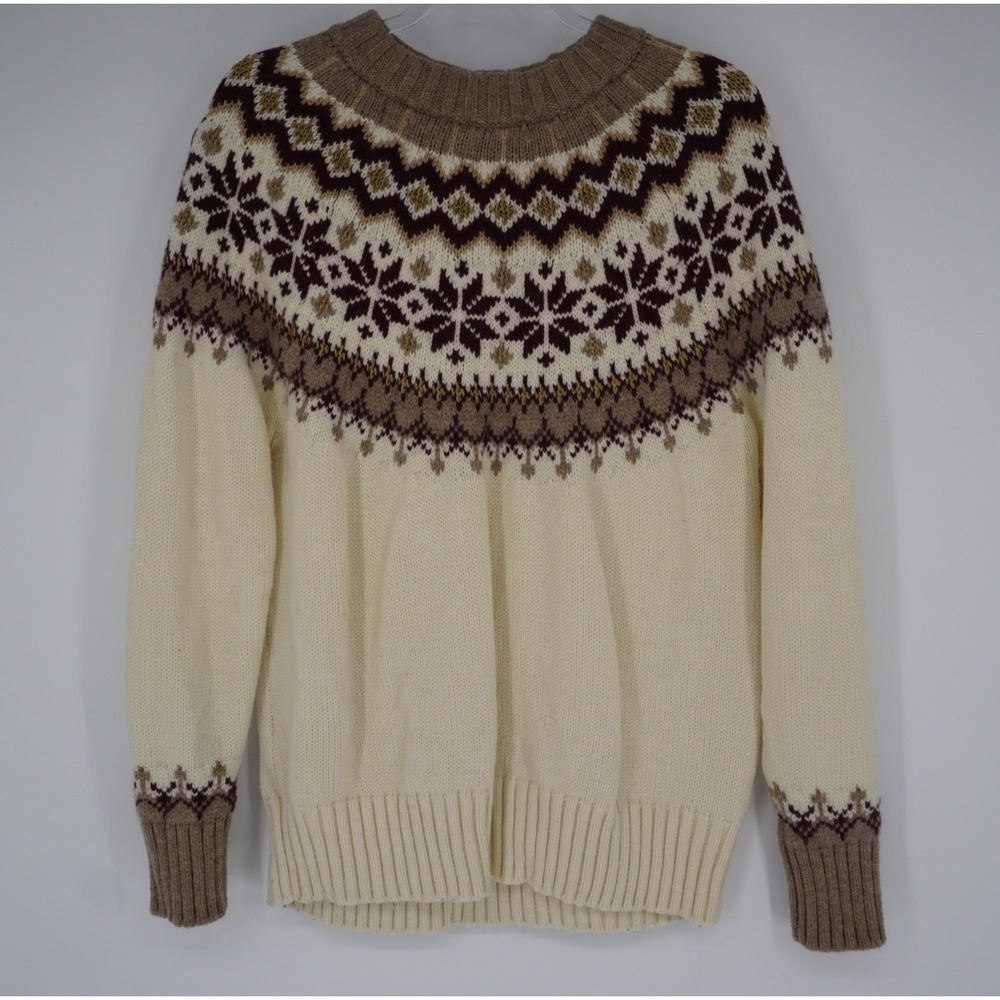 Boden‎ Women Fair Isle Nordic Wool Blend Metallic Yoke Sweater Cream Brown US 10